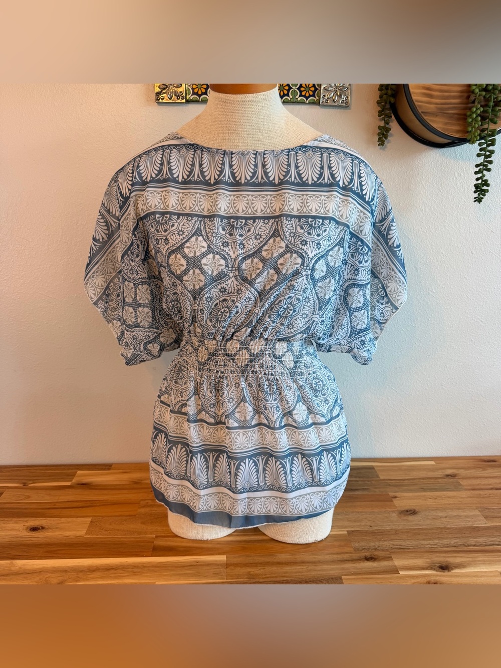 Charlotte Russe Boho Chiffon Dolman Sleeve Smocked Waist Blouse Medallion Top S